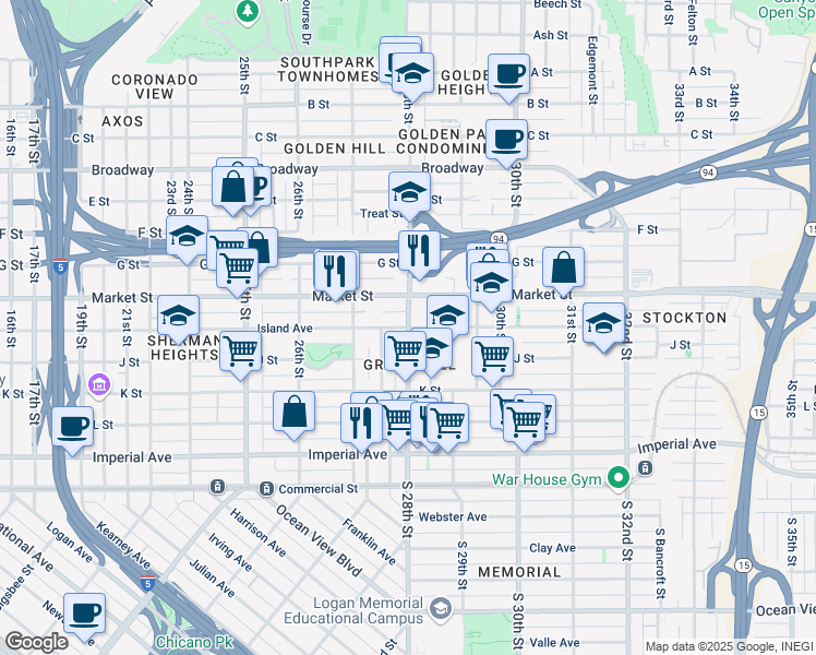map of restaurants, bars, coffee shops, grocery stores, and more near Island Avenue in San Diego