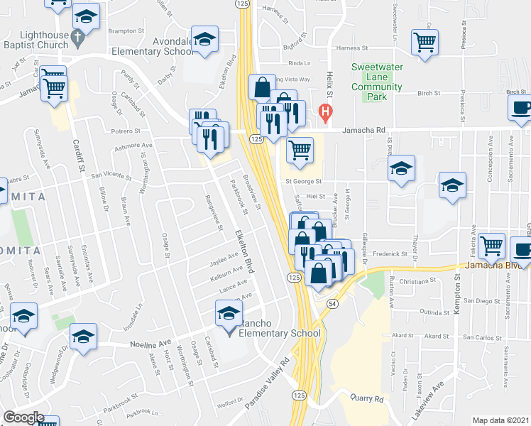 map of restaurants, bars, coffee shops, grocery stores, and more near 819 Broadview Street in Spring Valley