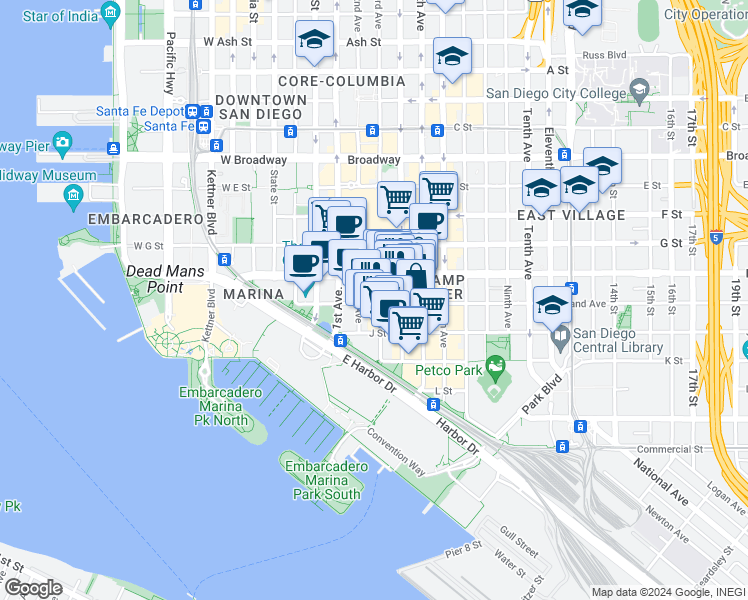 map of restaurants, bars, coffee shops, grocery stores, and more near 500 Third Avenue in San Diego