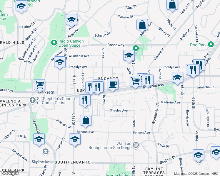 map of restaurants, bars, coffee shops, grocery stores, and more near 6322 Akins Avenue in San Diego