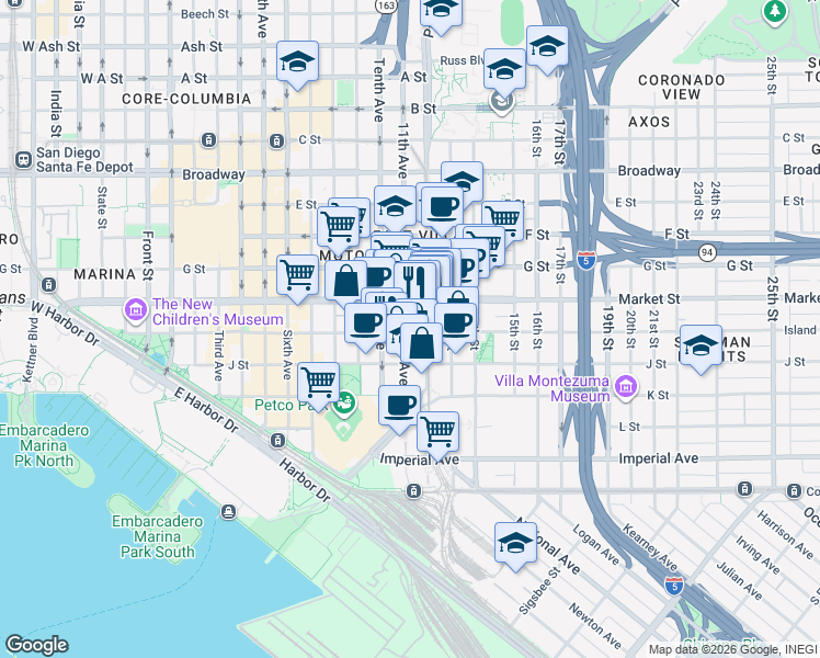 map of restaurants, bars, coffee shops, grocery stores, and more near 525 Eleventh Avenue in San Diego