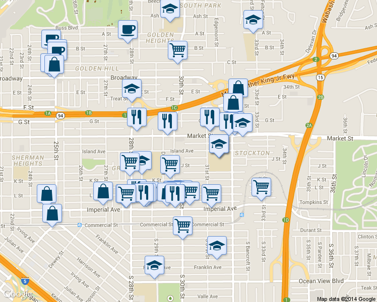 map of restaurants, bars, coffee shops, grocery stores, and more near 3041 Island Ave in San Diego