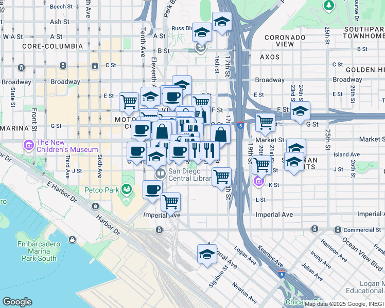 map of restaurants, bars, coffee shops, grocery stores, and more near 501 14th Street in San Diego