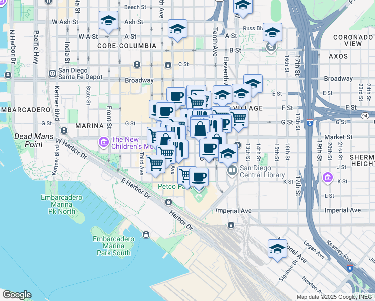 map of restaurants, bars, coffee shops, grocery stores, and more near 501 Seventh Avenue in San Diego