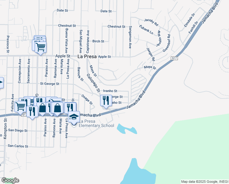 map of restaurants, bars, coffee shops, grocery stores, and more near 9805 Ivanho Street in Spring Valley