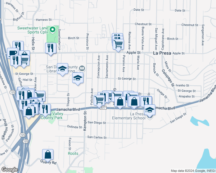 map of restaurants, bars, coffee shops, grocery stores, and more near 733 Sacramento Avenue in Spring Valley