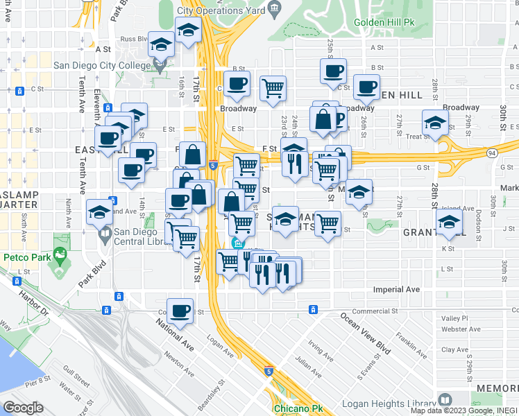 map of restaurants, bars, coffee shops, grocery stores, and more near 2200 Island Avenue in San Diego