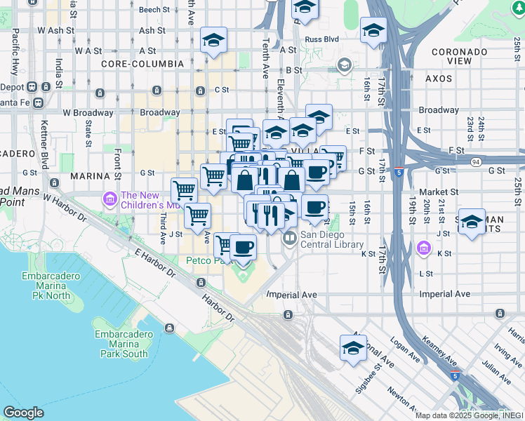 map of restaurants, bars, coffee shops, grocery stores, and more near in San Diego