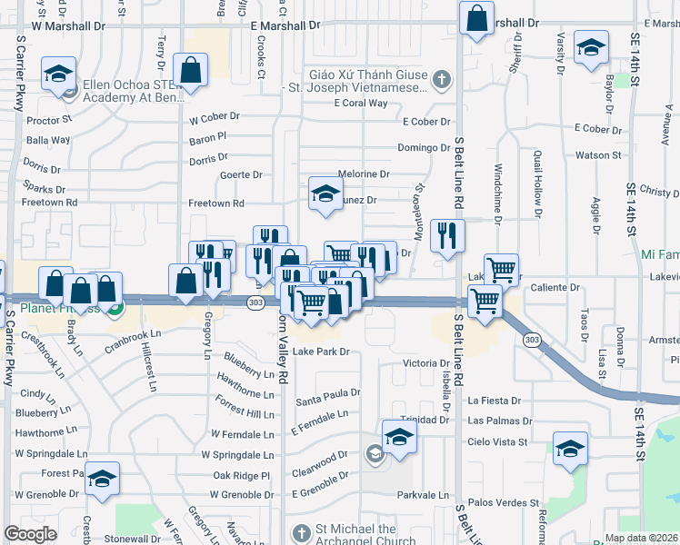 map of restaurants, bars, coffee shops, grocery stores, and more near 138 Lakeview Drive in Grand Prairie