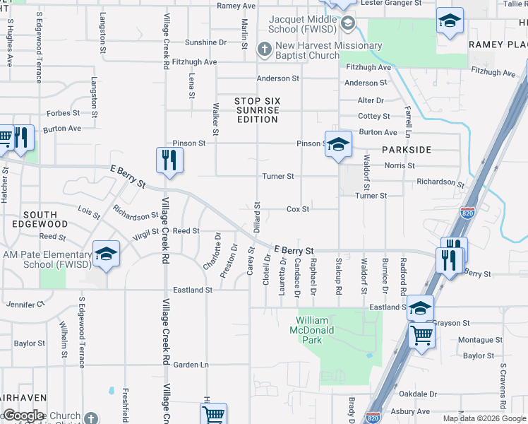 map of restaurants, bars, coffee shops, grocery stores, and more near 5216 Cox Street in Fort Worth