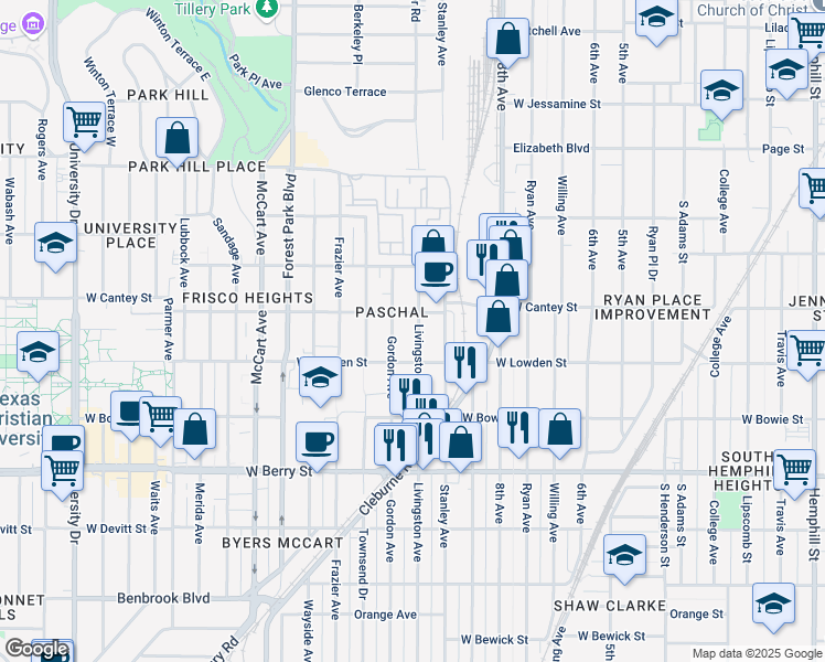 map of restaurants, bars, coffee shops, grocery stores, and more near 2817 Livingston Avenue in Fort Worth