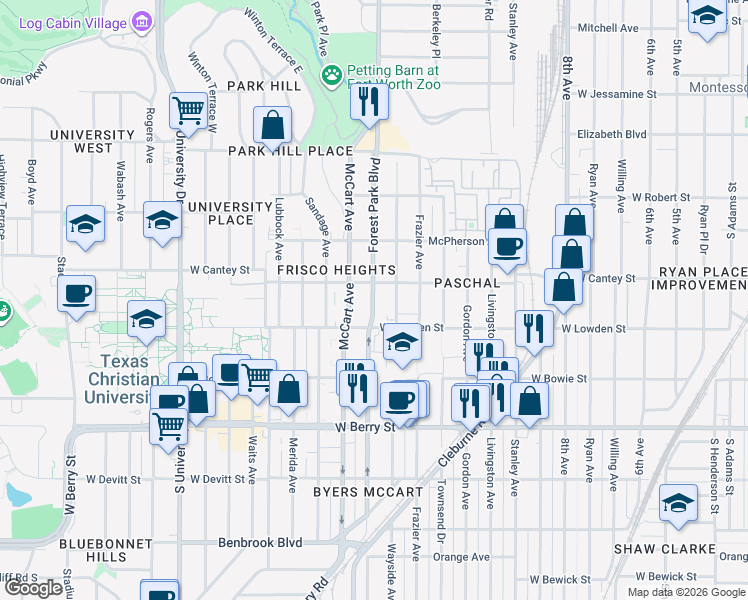 map of restaurants, bars, coffee shops, grocery stores, and more near 2816 Wayside Avenue in Fort Worth