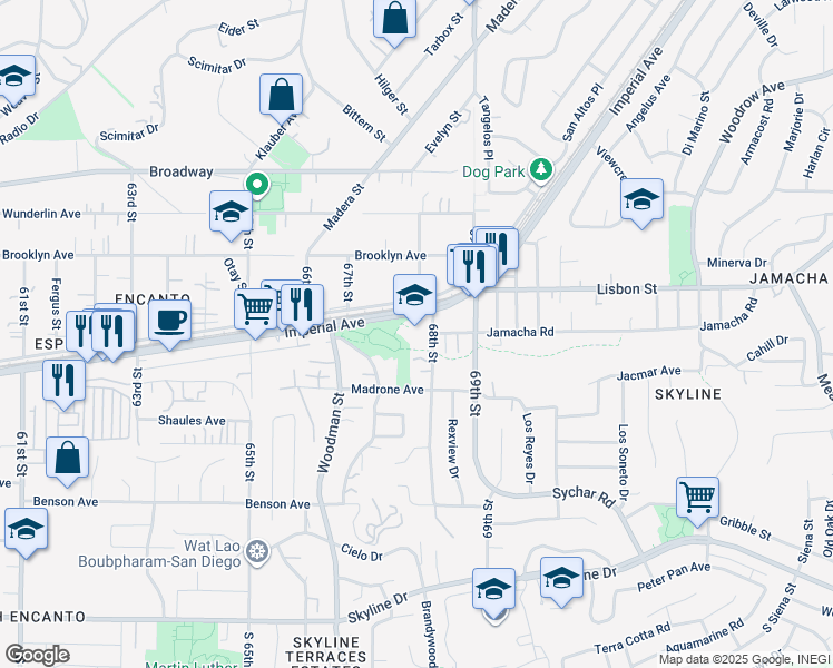 map of restaurants, bars, coffee shops, grocery stores, and more near 6785 Imperial Avenue in San Diego