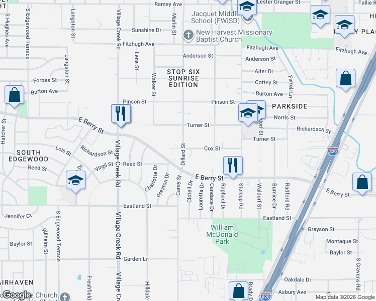 map of restaurants, bars, coffee shops, grocery stores, and more near 5216 Cox Street in Fort Worth