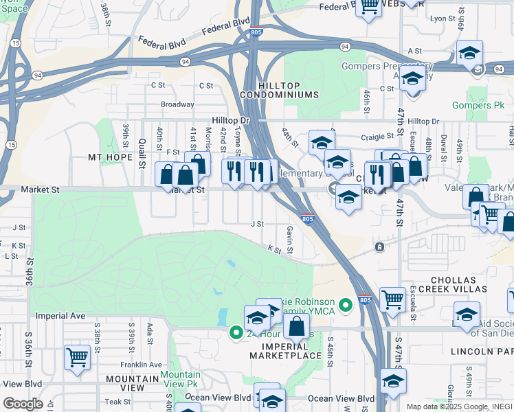 map of restaurants, bars, coffee shops, grocery stores, and more near 504 43rd Street in San Diego
