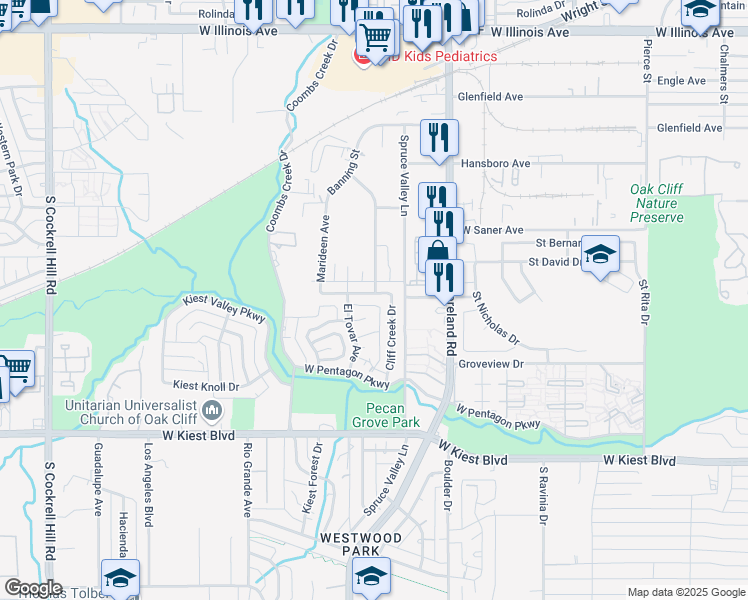 map of restaurants, bars, coffee shops, grocery stores, and more near 3416 Tangle Terrace in Dallas