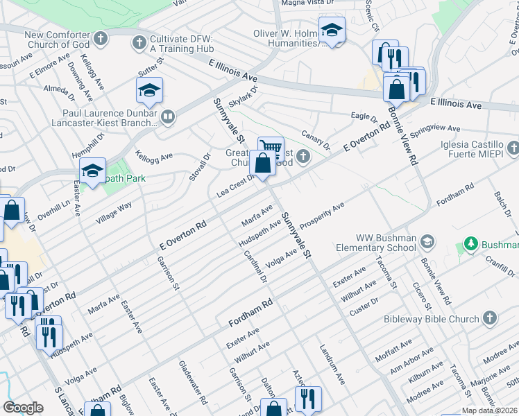 map of restaurants, bars, coffee shops, grocery stores, and more near 2657 Marfa Avenue in Dallas
