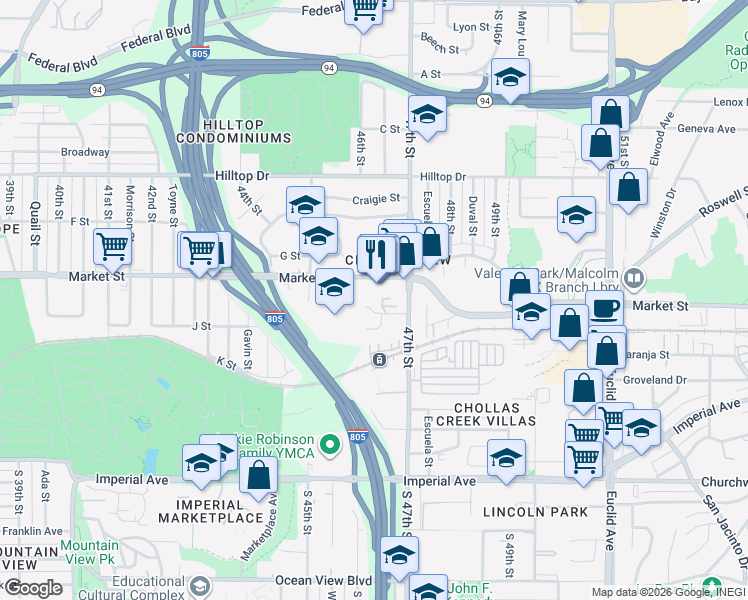 map of restaurants, bars, coffee shops, grocery stores, and more near 4626 Hartley Street in San Diego