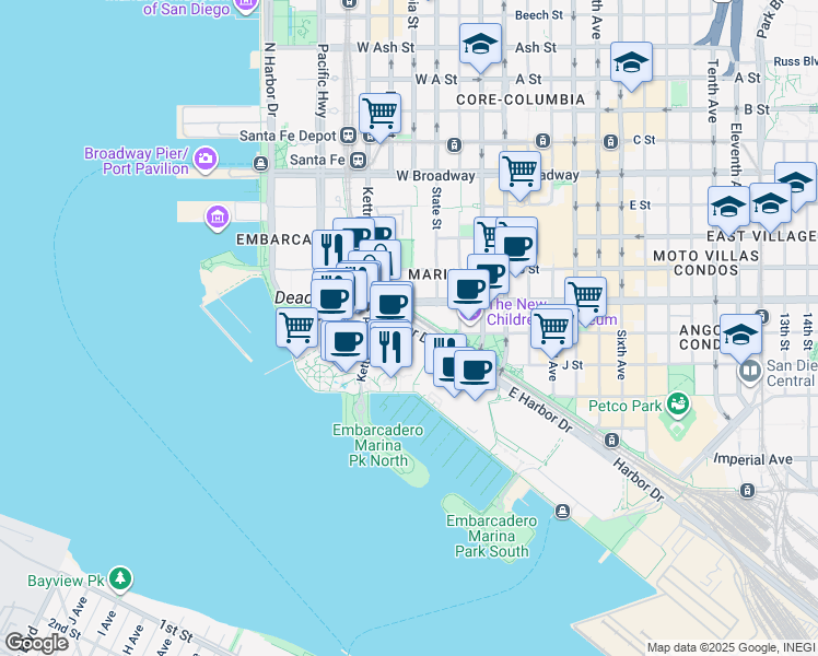 map of restaurants, bars, coffee shops, grocery stores, and more near West Harbor Drive in San Diego