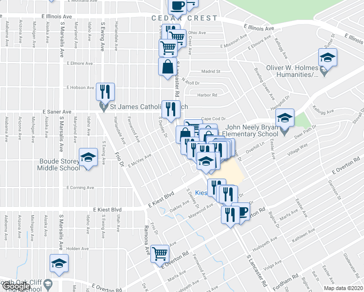 map of restaurants, bars, coffee shops, grocery stores, and more near 3015 South Lancaster Road in Dallas