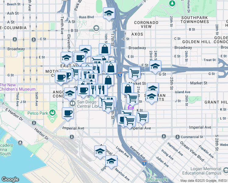 map of restaurants, bars, coffee shops, grocery stores, and more near 505 17th Street in San Diego