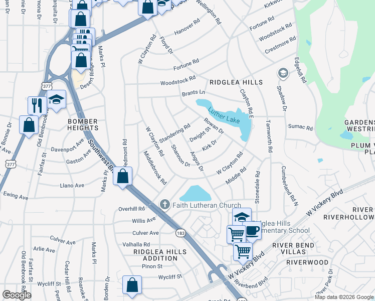 map of restaurants, bars, coffee shops, grocery stores, and more near 4120 Angus Drive in Fort Worth