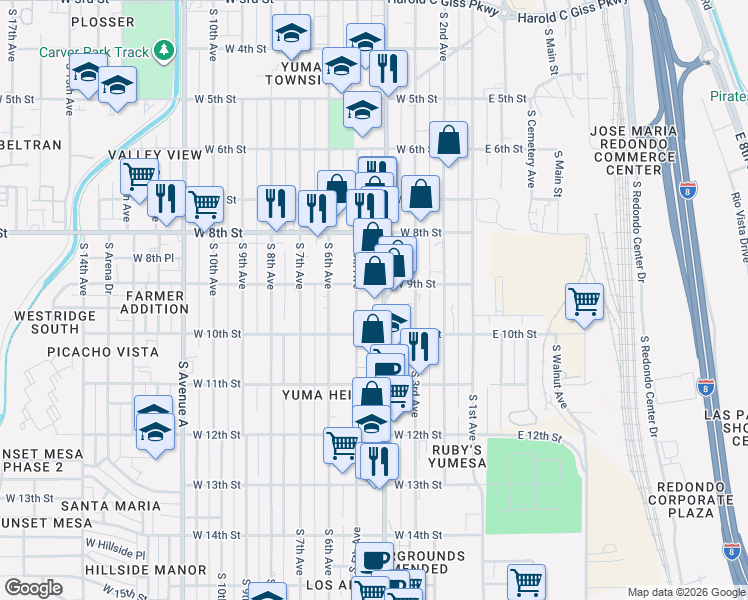 map of restaurants, bars, coffee shops, grocery stores, and more near 914 South 4th Avenue in Yuma