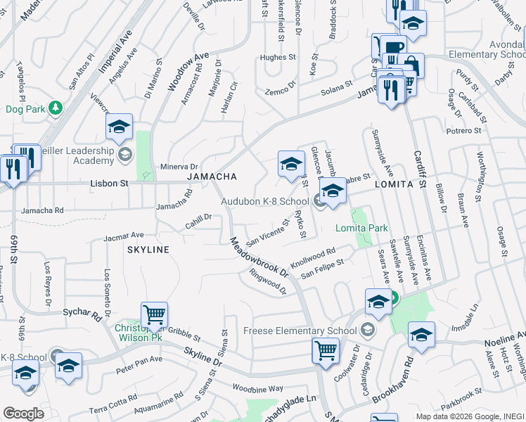map of restaurants, bars, coffee shops, grocery stores, and more near 7903 Anza Drive in San Diego