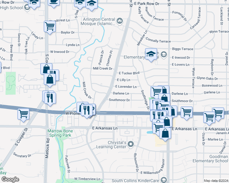 map of restaurants, bars, coffee shops, grocery stores, and more near 405 Darlene Lane in Arlington