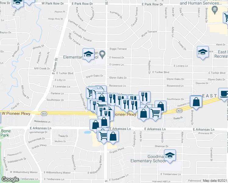 map of restaurants, bars, coffee shops, grocery stores, and more near 909 Darlene Ln in Arlington