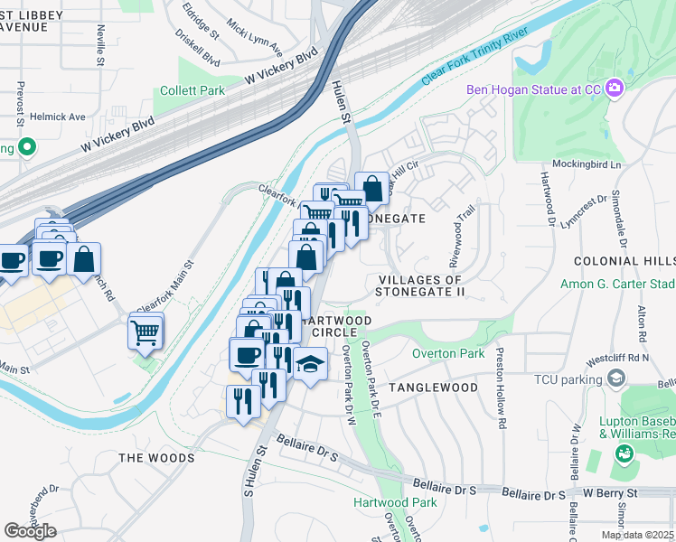 map of restaurants, bars, coffee shops, grocery stores, and more near 2750 South Hulen Street in Fort Worth