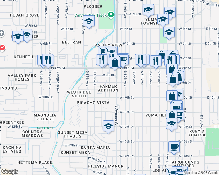 map of restaurants, bars, coffee shops, grocery stores, and more near 932 S 12th Ave in Yuma
