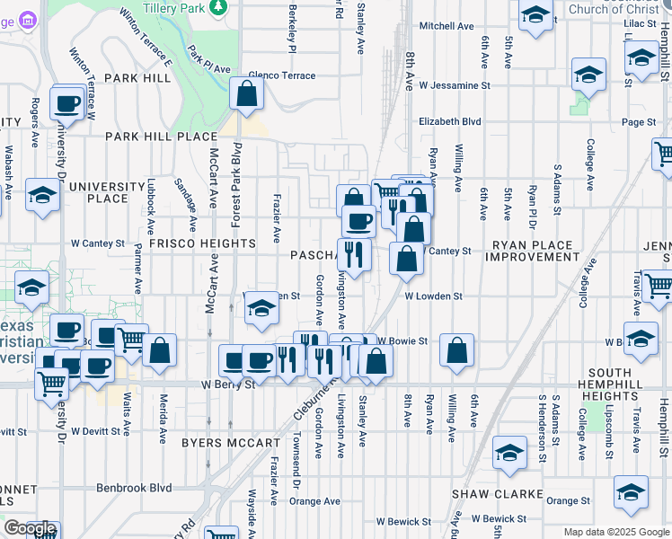 map of restaurants, bars, coffee shops, grocery stores, and more near 2817 Livingston Avenue in Fort Worth
