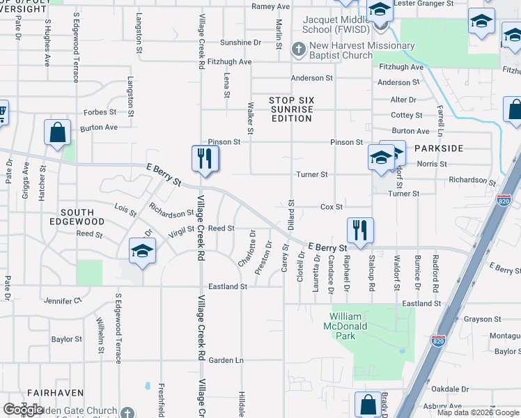 map of restaurants, bars, coffee shops, grocery stores, and more near 5121 East Berry Street in Fort Worth