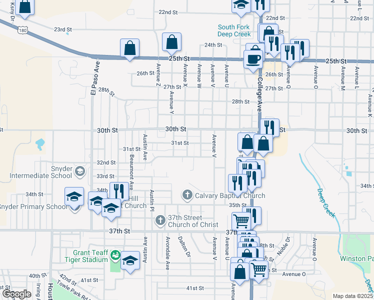 map of restaurants, bars, coffee shops, grocery stores, and more near 3152 Avenue X in Snyder