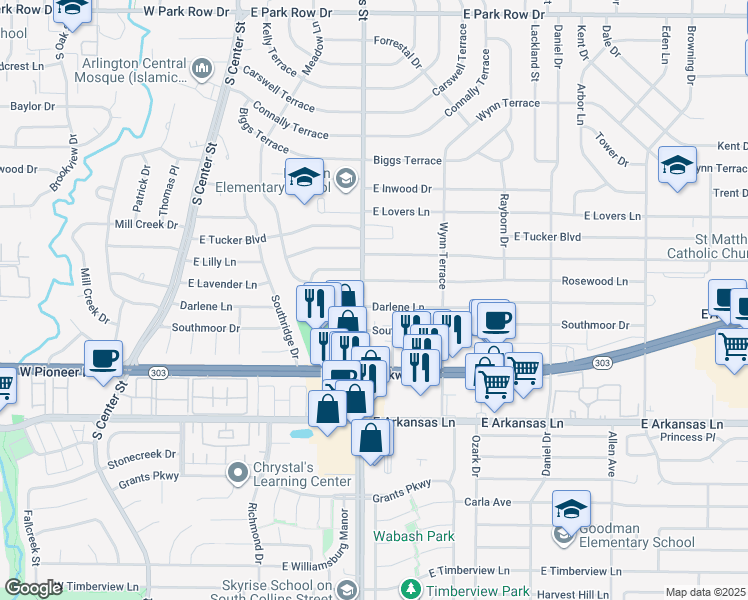 map of restaurants, bars, coffee shops, grocery stores, and more near 909 Darlene Lane in Arlington