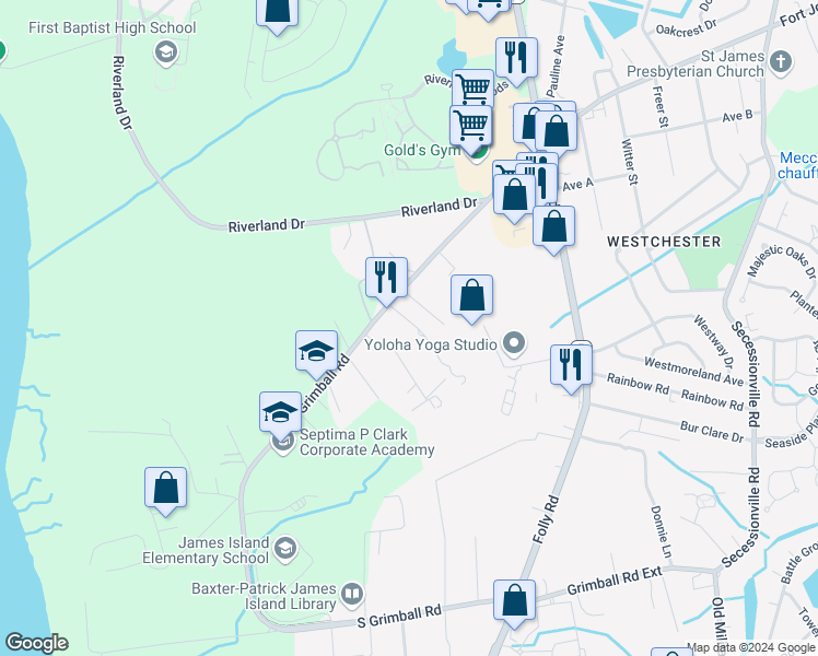 map of restaurants, bars, coffee shops, grocery stores, and more near 1485 Little Rock Boulevard in Charleston