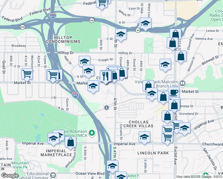 map of restaurants, bars, coffee shops, grocery stores, and more near 4626 Hartley Street in San Diego