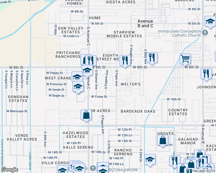 map of restaurants, bars, coffee shops, grocery stores, and more near 925 South Pagent Avenue in Yuma