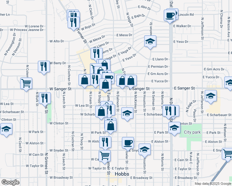 map of restaurants, bars, coffee shops, grocery stores, and more near 1007 North Dalmont Street in Hobbs