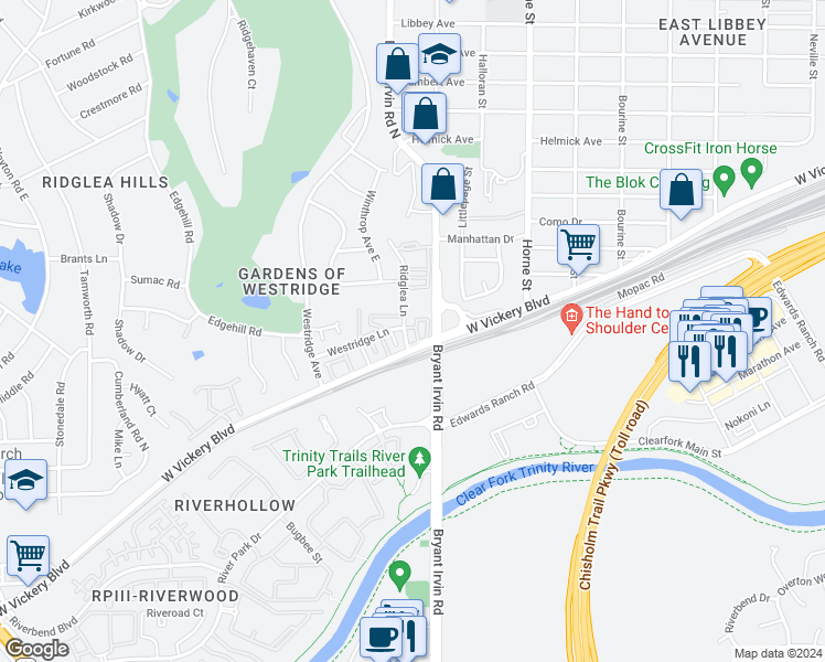 map of restaurants, bars, coffee shops, grocery stores, and more near 5059 Ridglea Lane in Fort Worth