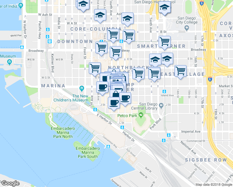 map of restaurants, bars, coffee shops, grocery stores, and more near 516 Fifth Avenue in San Diego