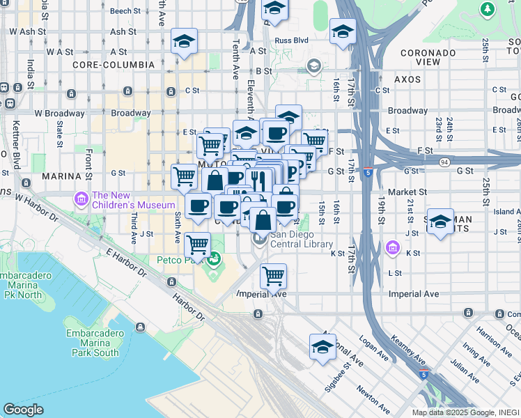 map of restaurants, bars, coffee shops, grocery stores, and more near in San Diego