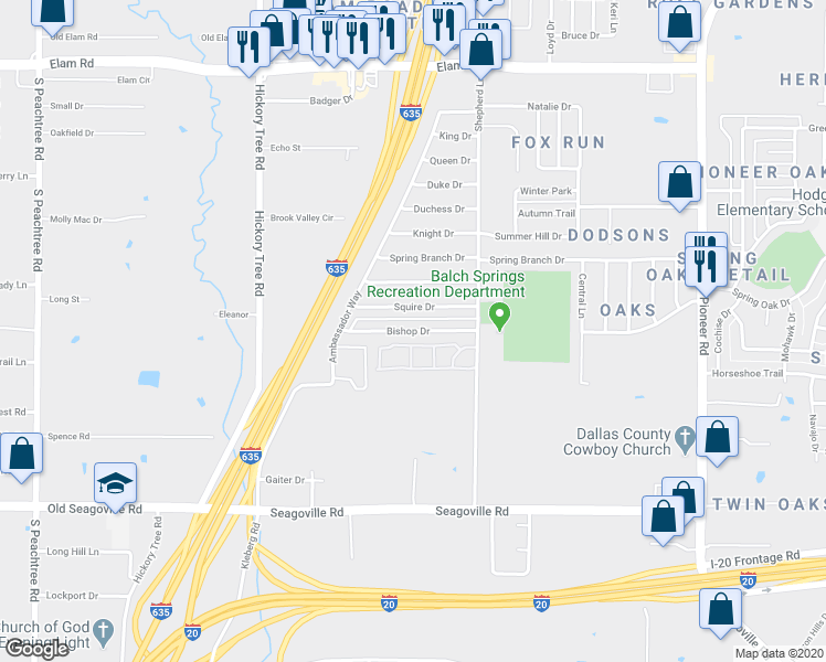 map of restaurants, bars, coffee shops, grocery stores, and more near 12200 Bishop Drive in Balch Springs