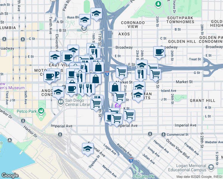 map of restaurants, bars, coffee shops, grocery stores, and more near Island Avenue in San Diego