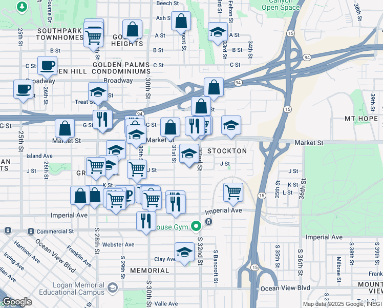 map of restaurants, bars, coffee shops, grocery stores, and more near 3162 Island Avenue in San Diego