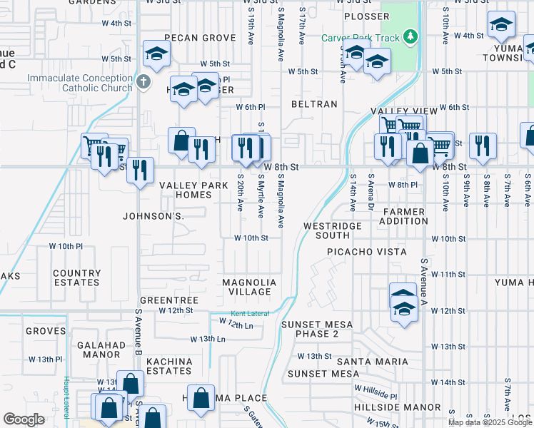 map of restaurants, bars, coffee shops, grocery stores, and more near 800-998 S Magnolia Ave in Yuma