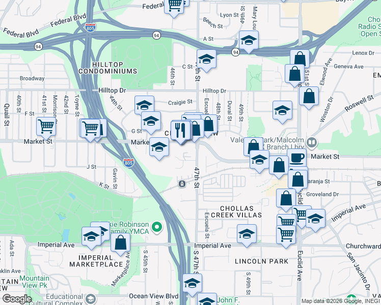 map of restaurants, bars, coffee shops, grocery stores, and more near 4626 Hartley Street in San Diego