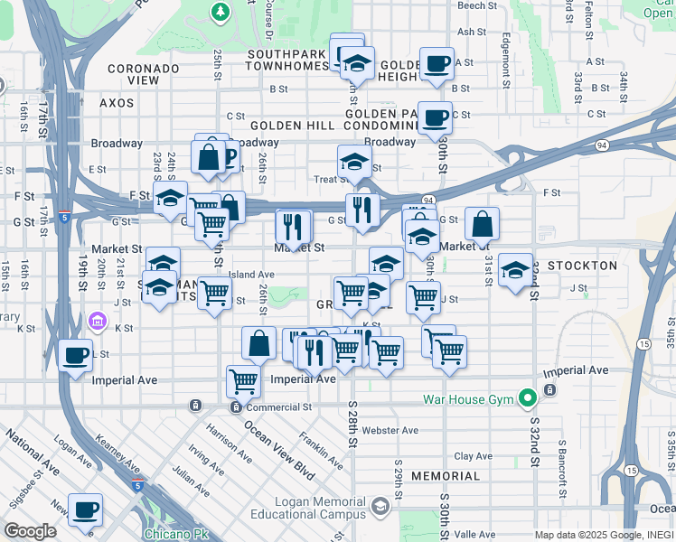 map of restaurants, bars, coffee shops, grocery stores, and more near 2745 Island Avenue in San Diego