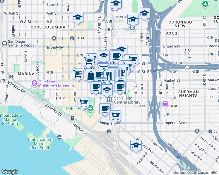 map of restaurants, bars, coffee shops, grocery stores, and more near in San Diego